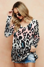 Gradation Leopard Print Soft Knit U Neck Long Sleeve Top Woman T Shirts