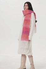Pink and white plaid gradient thermal scarf with fringe