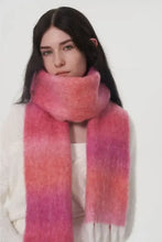 Soft fuzzy gradient thermal scarf in pink orange ombre with white fringe