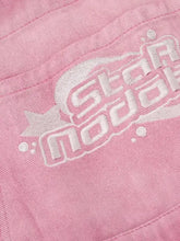 Pink gradient denim bucket hat with Star Moda embroidered logo on overalls