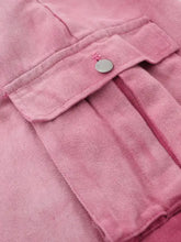 Pink gradient denim jacket with silver button on flap, machine wash cold