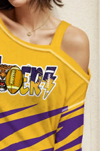 Yellow and purple striped graphic asymmetrical neck long sleeve T-shirt with tiger and football graphic