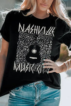 Black Graphic Cuffed Sleeve Round Neck Tee with White Leopard Guitar Print