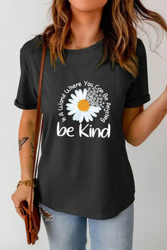 Graphic Round Neck Short Sleeve T-Shirt Black Woman T Shirts