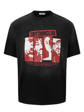 Black graphic short sleeve oversized t-shirt with red white print