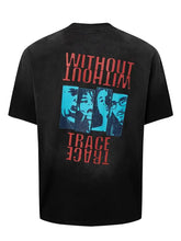Black graphic short sleeve t-shirt with distressed blue faces and Without Him Trace print