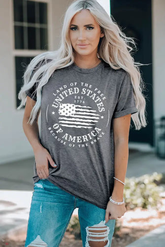 Gray American Flag Graphic T-Shirt with Regular Sleeve Length for Women Mid Gray Woman T Shirts