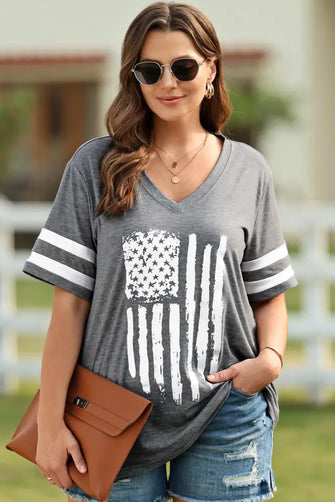 Gray American Flag T-Shirt V-Neck Half Sleeve Length for Women Dark Gray Woman T Shirts