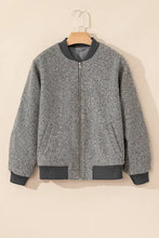 Gray and black textured wool bomber jacket with ribbed cuffs and zipper closure