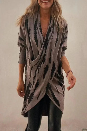 Gray and Black Tie Dye Wrap Dress Taupe