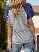 Gray and Navy Raglan T-Shirt with Decorative Buttons for Women