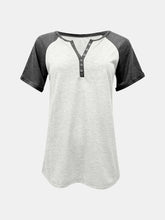 Gray and Navy Raglan T-Shirt with Decorative Buttons for Women