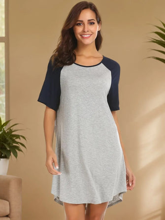 Gray and Navy Short Sleeve Nightgown with Moderate Stretch Light Gray