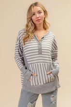 Gray and white long sleeve buttoned henley neck striped sweatshirt for women