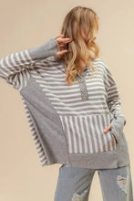 Gray and white buttoned Henley neck long sleeve striped top for women