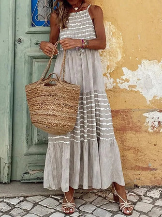 Gray and White Striped Tiered Maxi Dress Light Gray