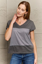 Gray and White Striped V Neck Short Sleeve Length Womens Top Woman T Shirts