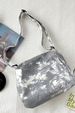 Gray and white tie-dye canvas crossbody bag with adjustable strap