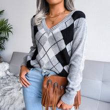Gray Argyle V Neck Sweater Long Sleeve Pullover for Men Charcoal