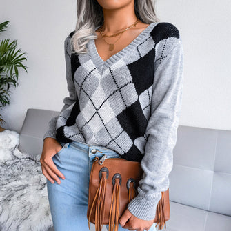 Gray Argyle V Neck Sweater Long Sleeve Pullover for Men Charcoal