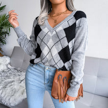 Gray Argyle V Neck Sweater Long Sleeve Pullover for Men