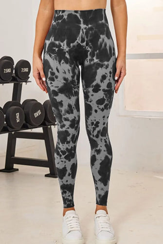 Gray Black High Waisted Tie Dye Leggings and Sports Bra Set Black
