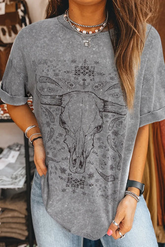 Gray Bull Skull Graphic Cotton Blend T-Shirt for Women Dark Gray