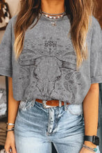 Gray Bull Skull Graphic Cotton Blend T-Shirt for Women Woman T Shirts