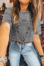 Gray Bull Skull Graphic Cotton Blend T-Shirt for Women