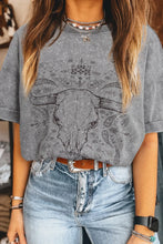 Gray Bull Skull Graphic Cotton Blend T-Shirt for Women