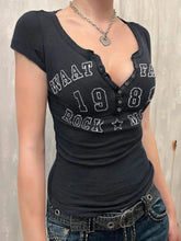 Gray Buttoned Graphic T-Shirt for Women