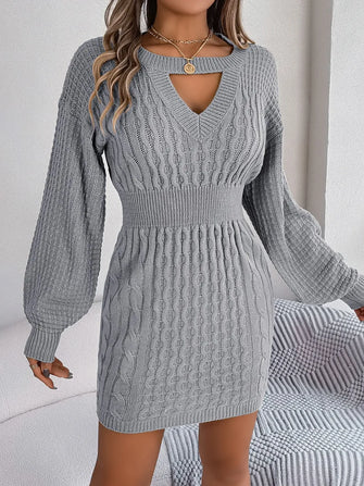 Gray Cable Knit Sweater Dress with Long Sleeve Length Charcoal