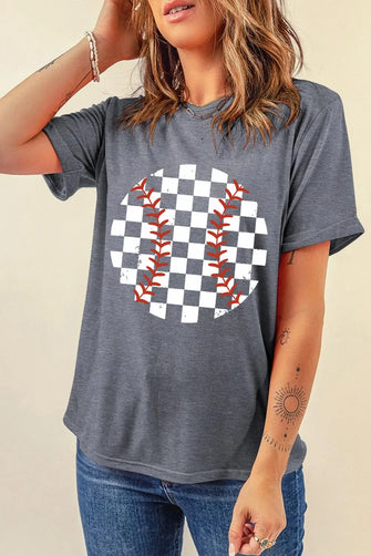 Gray Checkered Baseball Design Womens T Shirt Dark Gray