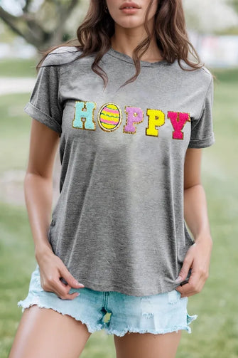 Gray Chenille Patch T-Shirt for Women with HOPPY Design Dark Gray