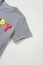 Gray Chenille Patch T-Shirt for Women with HOPPY Design Woman T Shirts