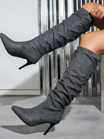 Gray Denim Slouch Stiletto High Heel Boots for Women Dark