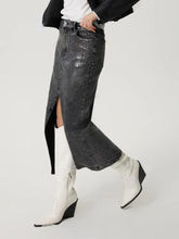 Gray Distressed Denim Midi Skirt with Front Slit and Pockets Black