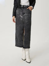 Gray Distressed Denim Midi Skirt with Front Slit and Pockets