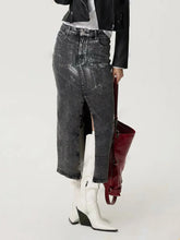 Gray Distressed Denim Midi Skirt with Front Slit and Pockets