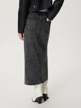 Gray Distressed Denim Midi Skirt with Front Slit and Pockets