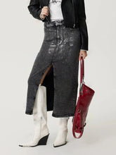 Gray Distressed Denim Midi Skirt with Front Slit and Pockets