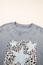 Gray Distressed T-Shirt with Leopard Print Star Design for Women Woman T Shirts