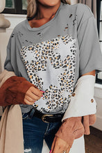 Gray Distressed T-Shirt with Leopard Print Star Design for Women