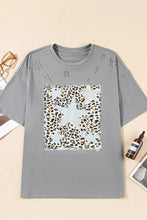 Gray Distressed T-Shirt with Leopard Print Star Design for Women Woman T Shirts