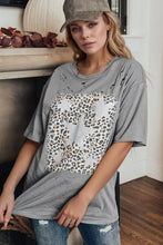 Gray Distressed T-Shirt with Leopard Print Star Design for Women