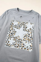Gray Distressed T-Shirt with Leopard Print Star Design for Women Woman T Shirts
