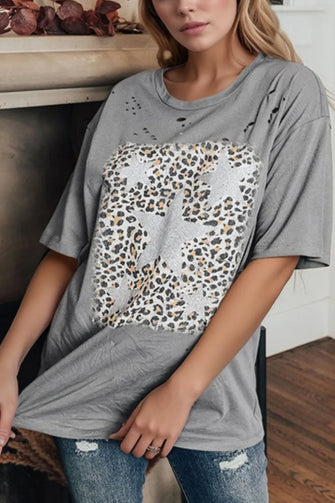 Gray Distressed T-Shirt with Leopard Print Star Design for Women Gray