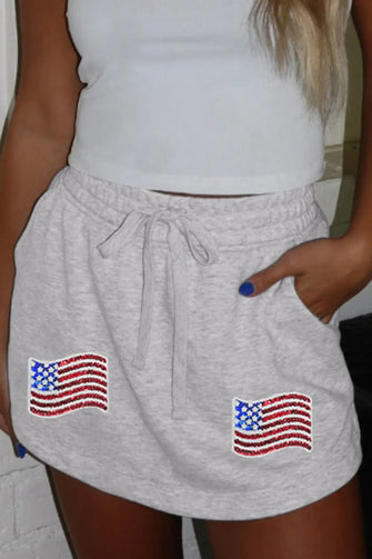 Gray Drawstring Shorts with American Flag Sequin Patches Light Gray