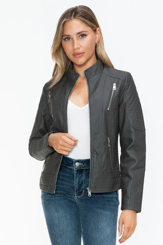 Gray Faux Leather Zip Up Mock Neck Jacket for Women Charcoal