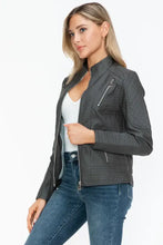 Gray Faux Leather Zip Up Mock Neck Jacket for Women Woman Outerwear